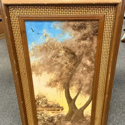 Vintage Textured Oil on Canvas Landscape Signed “Perez” in Decorative Wood & Woven Frame