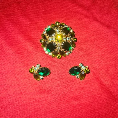 Vintage Juliana Book Piece Set Brooch and Earrings | Jade Emerald Diamonds