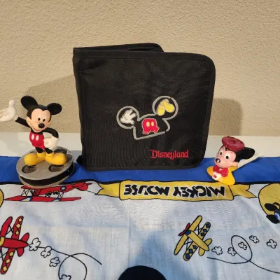 Vintage Walt Disney Mickey Mouse Lot - Aviator Pilot Bandana Scarf, Mickey Bubble Pipe Embroided CD Holder & Figurine