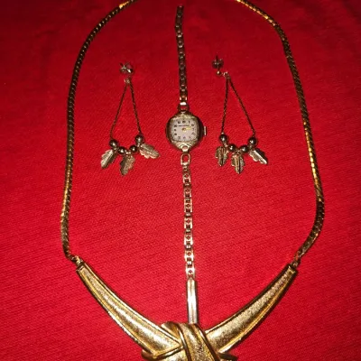 Vintage Jewelry Lot | Westfield Gold Watch, Gold Designer Necklace, and Native American Handmade Earrings