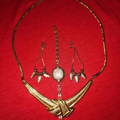 Vintage Jewelry Lot | Westfield Gold Watch, Gold Designer Necklace, and Native American Handmade Earrings