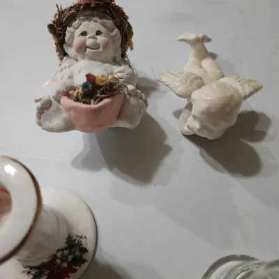 Vintage Christmas Decor Lot - Pfaltzgraff Tree Dish Candlesticks & Angels