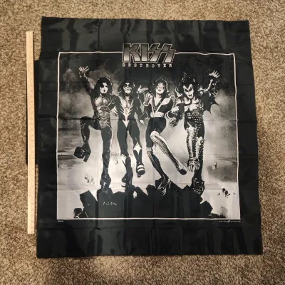 Vintage 1980s KISS Destroyer Tricolor Rock Tapestry Fabric Poster Banner 45x41 w/ Original Packaging