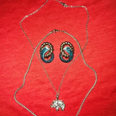 Vintage Jewelry Lot | Silver Necklaces and Earrings with Elephant Diamond Studded Pendant