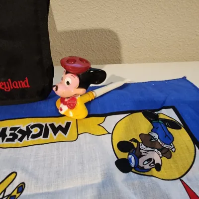 Vintage Walt Disney Mickey Mouse Lot - Aviator Pilot Bandana Scarf, Mickey Bubble Pipe Embroided CD Holder & Figurine