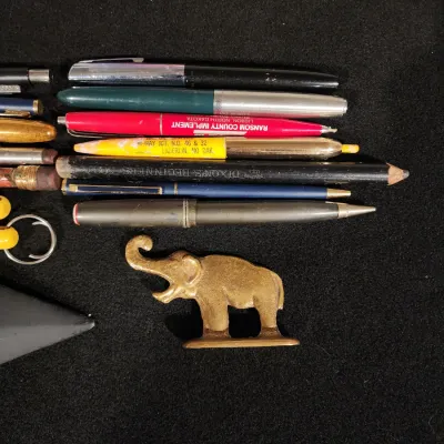 Vintage Bridge Card Game Set & Old Pen Souvenir Lot Brass Elephant