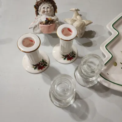 Vintage Christmas Decor Lot - Pfaltzgraff Tree Dish Candlesticks & Angels