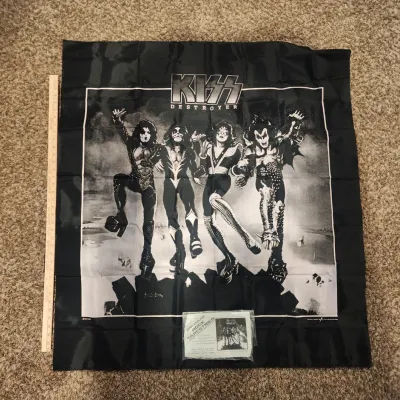 Vintage 1980s KISS Destroyer Tricolor Rock Tapestry Fabric Poster Banner 45x41 w/ Original Packaging