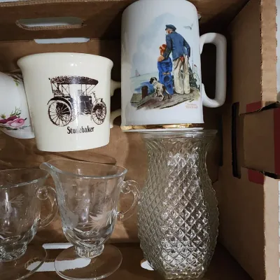 Vintage Mug & Glass Lot | Coalport Bone China Studebaker Norman Rockwell Milk Glass