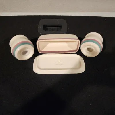 Vintage Pfaltzgraff Aura Butter Dish and Salt & Pepper Shakers Rare Set