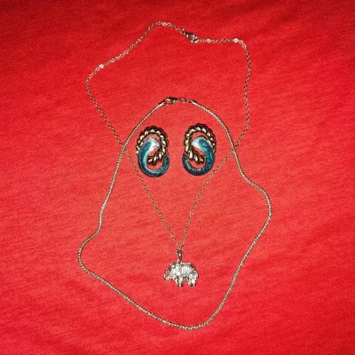 Vintage Jewelry Lot | Silver Necklaces and Earrings with Elephant Diamond Studded Pendant