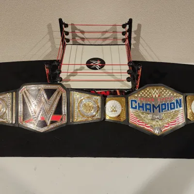 WWE Mattel Toy Lot: Championship & United States Belts with Wrestling Ring