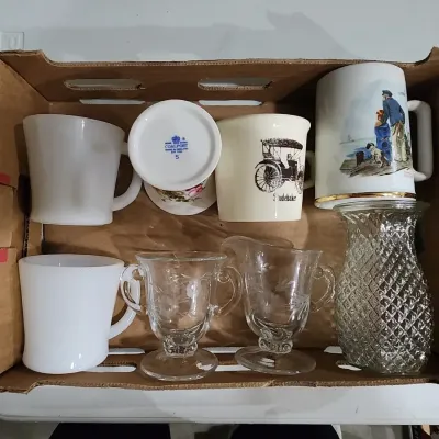 Vintage Mug & Glass Lot | Coalport Bone China Studebaker Norman Rockwell Milk Glass