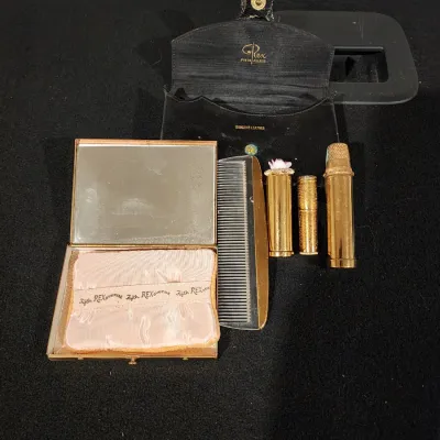 Vintage 1950s Rex Fifth Avenue Compact Purse Set Leather Case Lipstick Holder Puff Comb