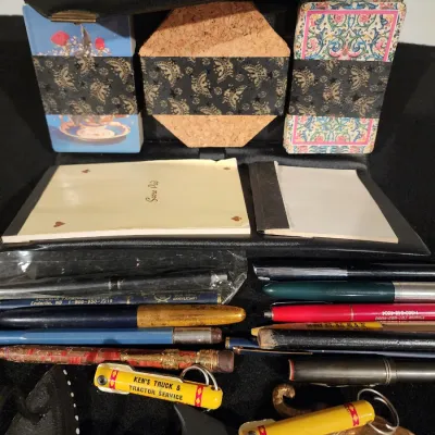 Vintage Bridge Card Game Set & Old Pen Souvenir Lot Brass Elephant