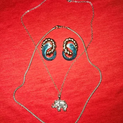 Vintage Jewelry Lot | Silver Necklaces and Earrings with Elephant Diamond Studded Pendant