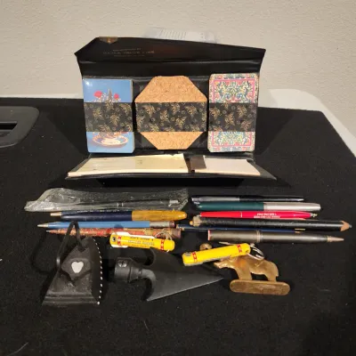 Vintage Bridge Card Game Set & Old Pen Souvenir Lot Brass Elephant