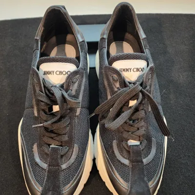 Vintage Authentic Jimmy Choo Raine Size 42 Black Leather and Mesh Lace Up Sneakers Made in Italy