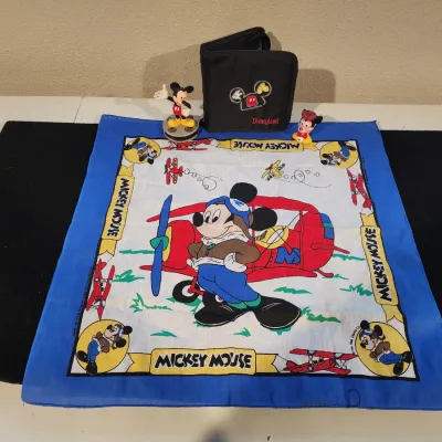 Vintage Walt Disney Mickey Mouse Lot - Aviator Pilot Bandana Scarf, Mickey Bubble Pipe Embroided CD Holder & Figurine