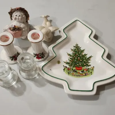 Vintage Christmas Decor Lot - Pfaltzgraff Tree Dish Candlesticks & Angels