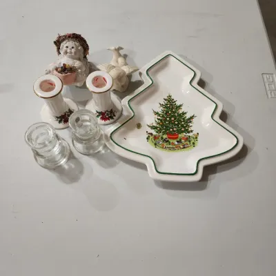 Vintage Christmas Decor Lot - Pfaltzgraff Tree Dish Candlesticks & Angels