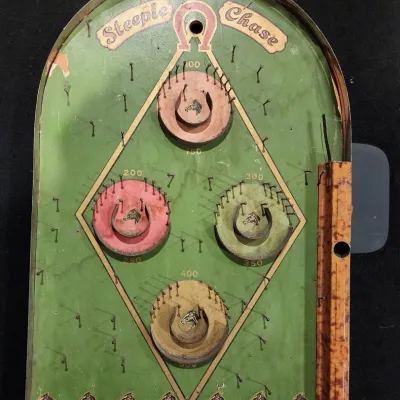 Vintage 1933 Lindstrom Steeple Chase Tabletop Bagatelle Pinball Game Tin Toy