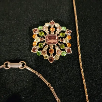 Gold Tone Orange Yellow Green and Clear Rhinestones Brooch Diamond Necklace