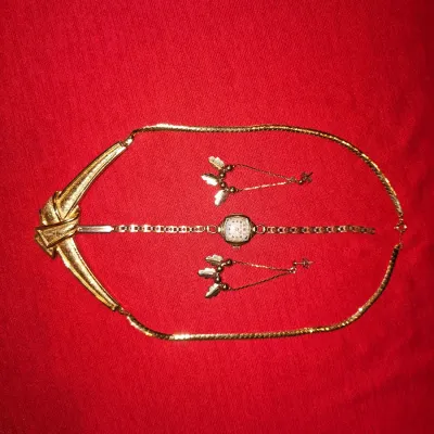 Vintage Jewelry Lot | Westfield Gold Watch, Gold Designer Necklace, and Native American Handmade Earrings