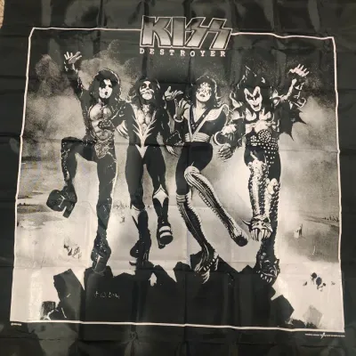 Vintage 1980s KISS Destroyer Tricolor Rock Tapestry Fabric Poster Banner 45x41 w/ Original Packaging