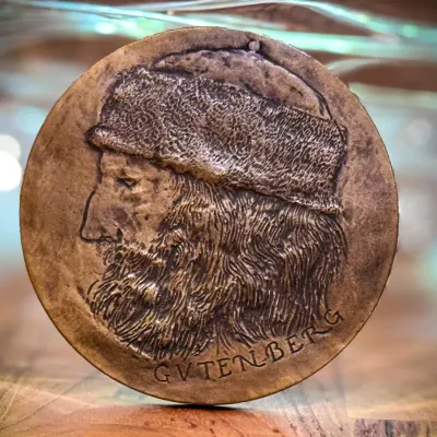 Gilt Bronze 3" Leonard Baskin Medallion Portraits of Gutenberg and Grolier