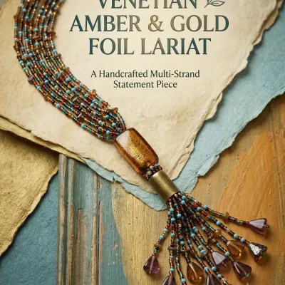Amber and Gold Foil Lariat Venetian Style Glass with Amber Foil and Beads