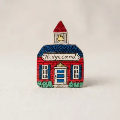 Vintage Wooden Painted Pin Of Old Schoolhouse