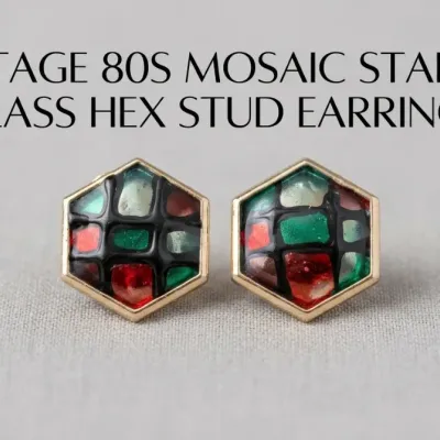 Hexagon Handpainted Stained Glass Mosaic Vintage Earrings
