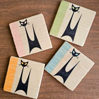 MCM Designed & Stylized Atomic Retro Black Cat set of 4 coasters. 
