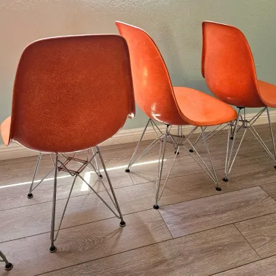 Eames for Herman Miller set of 4 molded fiberglass & chrome chairs, fantastic, authentic condition.