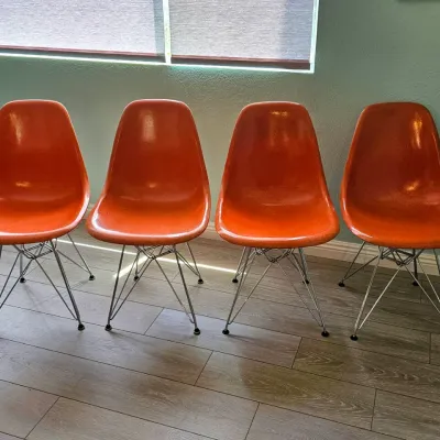 Eames for Herman Miller set of 4 molded fiberglass & chrome chairs, fantastic, authentic condition.