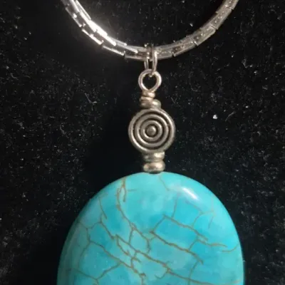 Sale Photo Thumbnail #196: SoHo smooth turquoise stone, silver tone Necklace & Earrings match
necklace is 14" on a square sterling chain...fabby and marked on the clasp

Earrings are unbranded but match as set