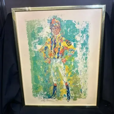 Sale Photo Thumbnail #41: "Bill Barrack Jockey" Framed Leroy Newman Signed Poster Print ~ signed 1970
Jockey Print. Captivating vibrant colors against green backdrop. 25x1x31.5 
Paper on back of print is coming off- see photos.
Academy Arts official license label attached

The Sub