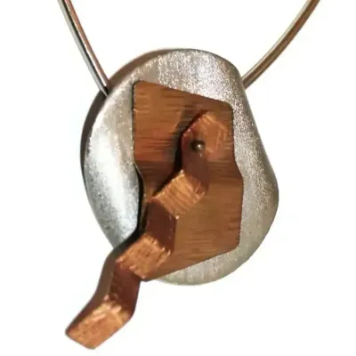 Sale Photo Thumbnail #16: Fantastic flawless vintage well made Modernist look abstract Necklace ~ custom made
Necklace is made of 8 custom hinged bars with a unique Interlocking closure
Pendant is 2.5" long / 2"wide.....nickel & copper
custom made unmarked....16" length