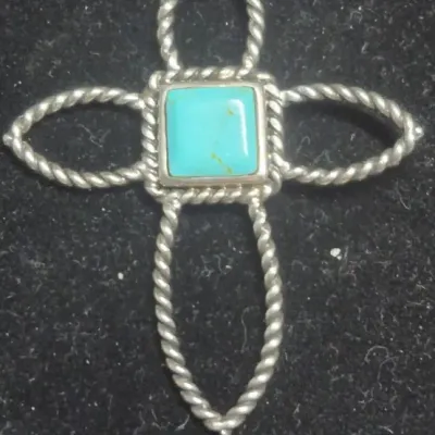 Sale Photo Thumbnail #73: Vintage Turquoise Sterling Silver 925 Open Cross Pendant Necklace & Coord. Earrings Match
cross is well marked sterling, chain also.
earrings.....unmarked