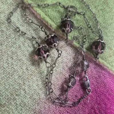 Sale Photo Thumbnail #228: Tres Jolie Toggle Bracelet Sterling & Labradorite Earrings & Sterling Art Nouveau Purple Necklace
> necklace is 16"length.....makers tag attached
> dangle earrings 1"