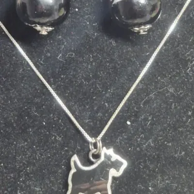 Sale Photo Thumbnail #189: Signed Sterling Resin Scottish Terrier Charm Pendant 2.1g-Illegible Signature and
sterling marked rhinestone  earrings