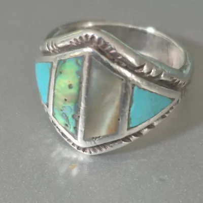Sale Photo Thumbnail #11: Vintage Ring tested 925 STERLING SILVER Size 7 Turquoise Abalone Shell
Vintage Ring tested 925 STERLING SILVER Size 7 Turquoise Abalone Shell