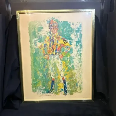 Sale Photo Thumbnail #40: "Bill Barrack Jockey" Framed Leroy Newman Signed Poster Print ~ signed 1970
Jockey Print. Captivating vibrant colors against green backdrop. 25x1x31.5 
Paper on back of print is coming off- see photos.
Academy Arts official license label attached

The Sub