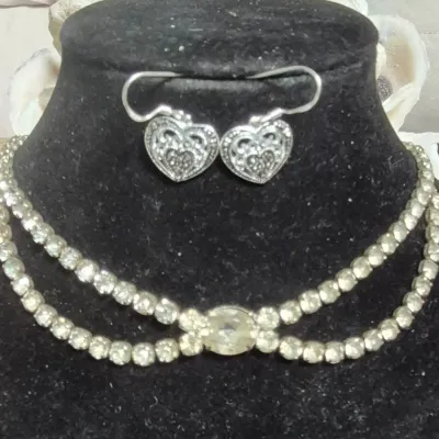 Sale Photo Thumbnail #276: Vintage Rhinestone Choker w/ Sterling Silver heart Earrings ~ marked
Necklace is classic 1980s vintage, with J-clasp closure
Filigree Hear Earrings ~ marked 925