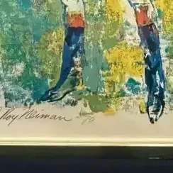 Sale Photo Thumbnail #42: "Bill Barrack Jockey" Framed Leroy Newman Signed Poster Print ~ signed 1970
Jockey Print. Captivating vibrant colors against green backdrop. 25x1x31.5 
Paper on back of print is coming off- see photos.
Academy Arts official license label attached

The Sub