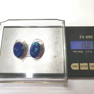 Sale Photo Thumbnail #134: Vintage Sterling Silver 925 Natural Azurite Malachite Oval Earrings (15.0 grams)
> Earrings  are  1." dia.  with clasp closure
> stunning design with bezel insert of stones
> filigree on flat part of the bezels