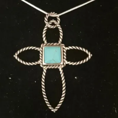 Sale Photo Thumbnail #72: Vintage Turquoise Sterling Silver 925 Open Cross Pendant Necklace & Coord. Earrings Match
cross is well marked sterling, chain also.
earrings.....unmarked