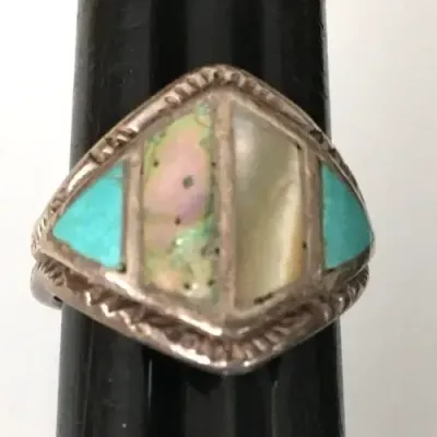 Sale Photo Thumbnail #12: Vintage Ring tested 925 STERLING SILVER Size 7 Turquoise Abalone Shell
Vintage Ring tested 925 STERLING SILVER Size 7 Turquoise Abalone Shell