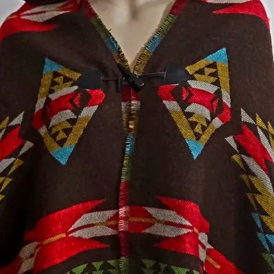 Vtg Southwestern hooded Poncho Cape Fringes